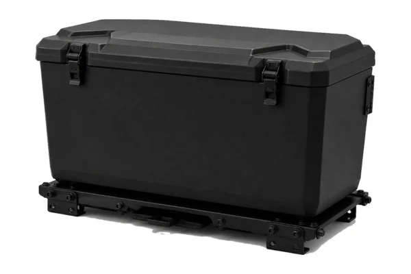 Tusk black quick release cargo box on its bed mounting rack, three-quarter view