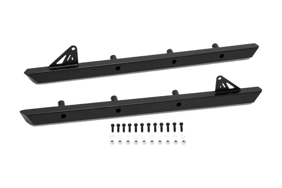 Pair of black Tusk steel rock sliders with mounting bolts, washers, and nuts on white