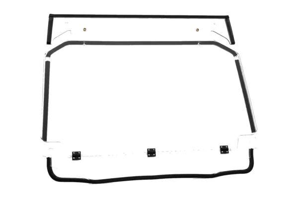 Tusk clear folding polycarbonate UTV windshield laid flat with hinge bar and black seal trim