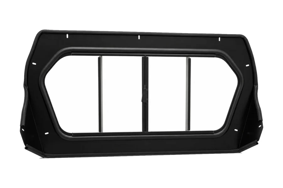 Black-framed Tusk sliding rear glass window, front view, isolated on white