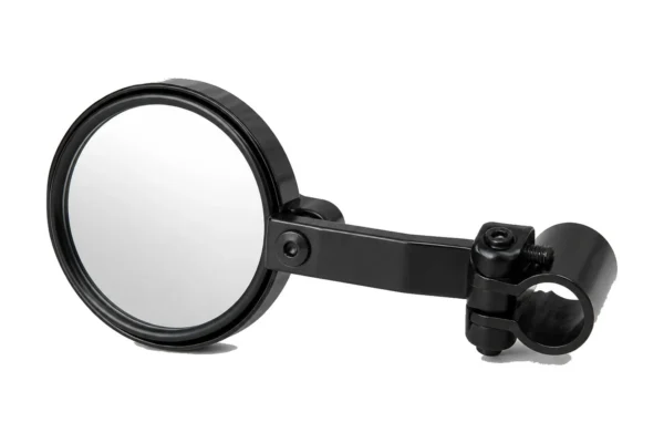 Tusk alloy round UTV side mirror with roll cage clamp shown isolated on white