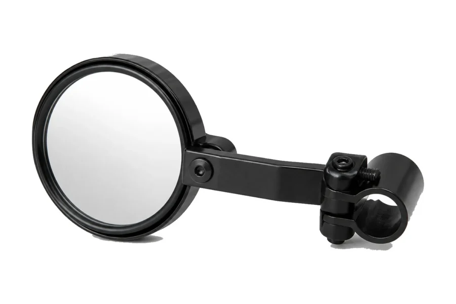 Tusk alloy round UTV side mirror with roll cage clamp shown isolated on white
