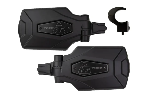 Pair of black Tusk pivot folding mirrors with roll-cage clamp mount, isolated on white