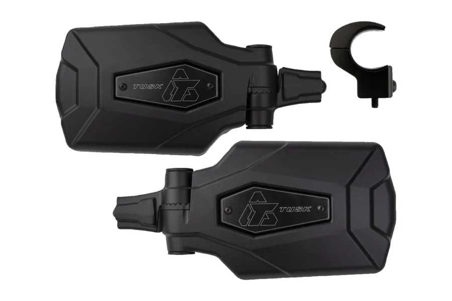 Pair of black Tusk pivot folding mirrors with roll-cage clamp mount, isolated on white