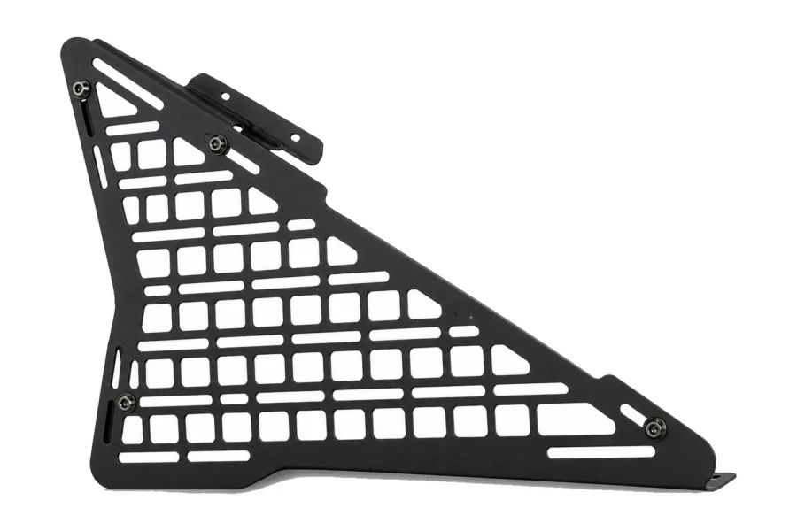 Triangular black Tusk aluminum MOLLE panel with slot cutouts on a white background
