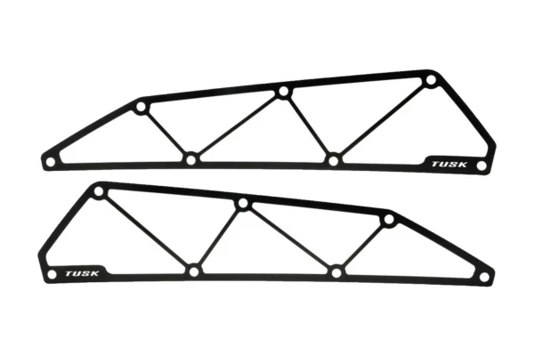 Pair of Tusk black aluminum intake covers isolated, laser-cut triangular frames with TUSK lettering