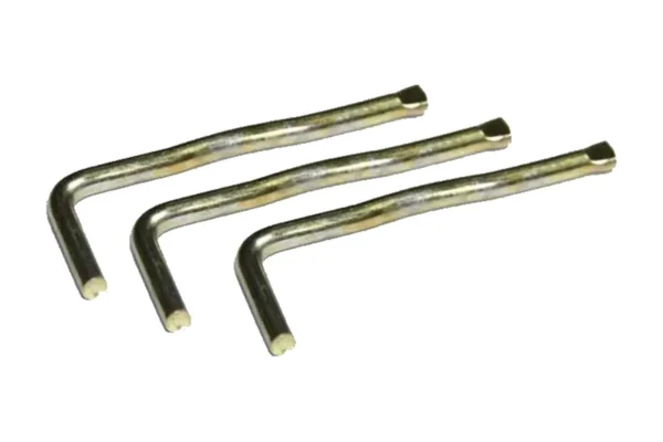Three Wavian fuel can replacement pins, zinc-plated L-shaped steel, isolated on white