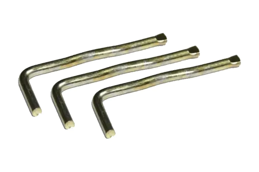 Three Wavian fuel can replacement pins, zinc-plated L-shaped steel, isolated on white
