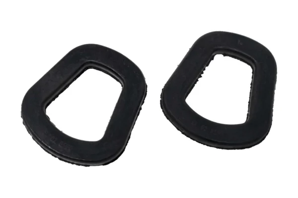 Two black rubber Wavian jerry can spout gaskets, isolated on white