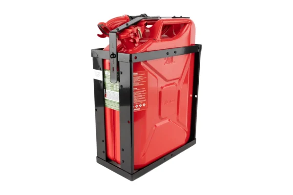 Red Wavian 20L jerry can locked in a black steel holder, front angle, on white