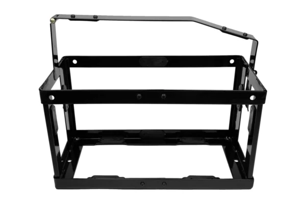 Empty black steel top-loading Wavian can holder, front view with retaining bar open, isolated on white
