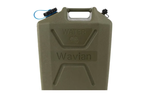 OD green Wavian water can top, embossed WATER and Wavian, black caps, blue tether