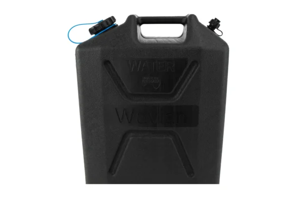 Close-up of black Wavian 22L water can top, WATER and Wavian embossed, cap with blue tether, white
