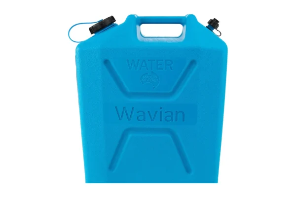 Front of blue Wavian water can with WATER and Wavian embossed and black caps, isolated on white