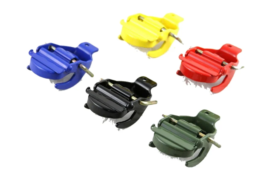 Wavian fuel can replacement lids in yellow, blue, red, black and green, pins attached, on white