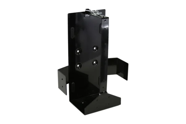 Black steel front-loading Wavian gas can holder bracket with silver toggle latch, isolated on white