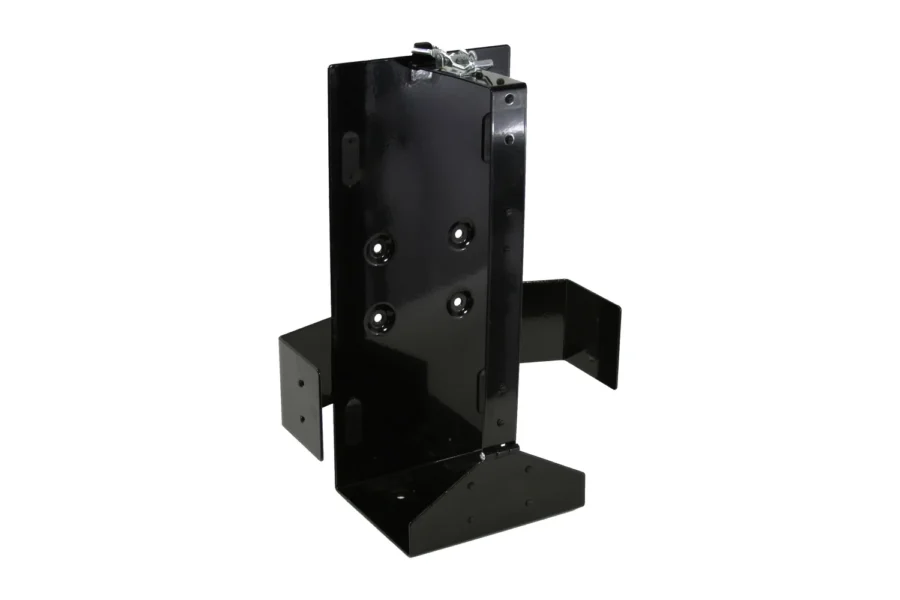 Black steel front-loading Wavian gas can holder bracket with silver toggle latch, isolated on white