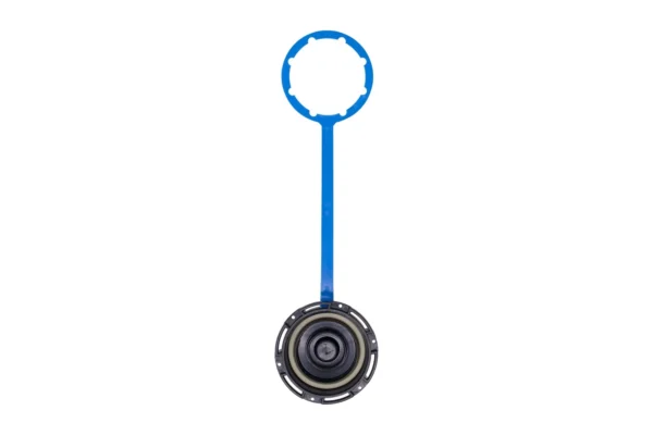 Wavian water can screw cap, gasket sealing face up, with blue tether ring, on white
