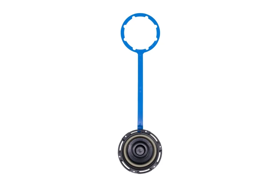Wavian water can screw cap, gasket sealing face up, with blue tether ring, on white