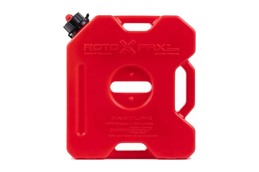 Red 1.75 gallon gasoline pack standing upright with black filler cap