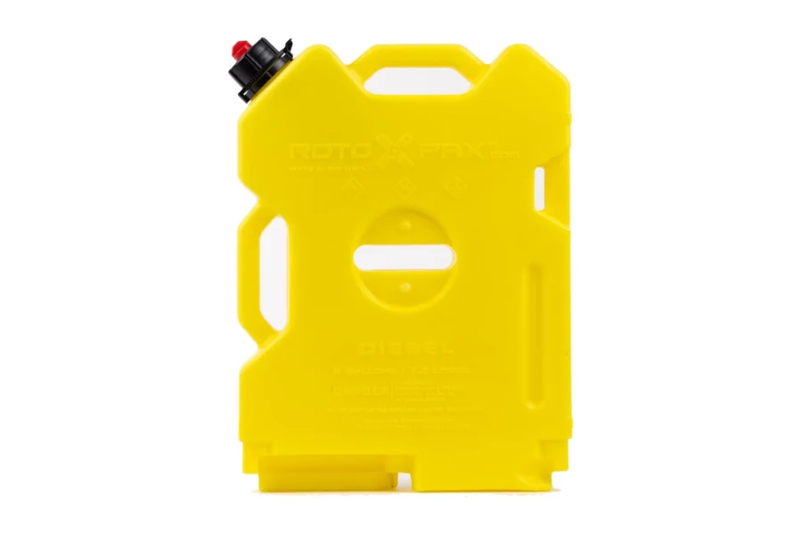 2 gallon diesel pack, front view with black cap and diesel labeling