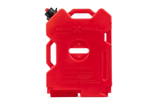 Red 2 gallon gasoline pack, front view with black filler cap and molded capacity markings