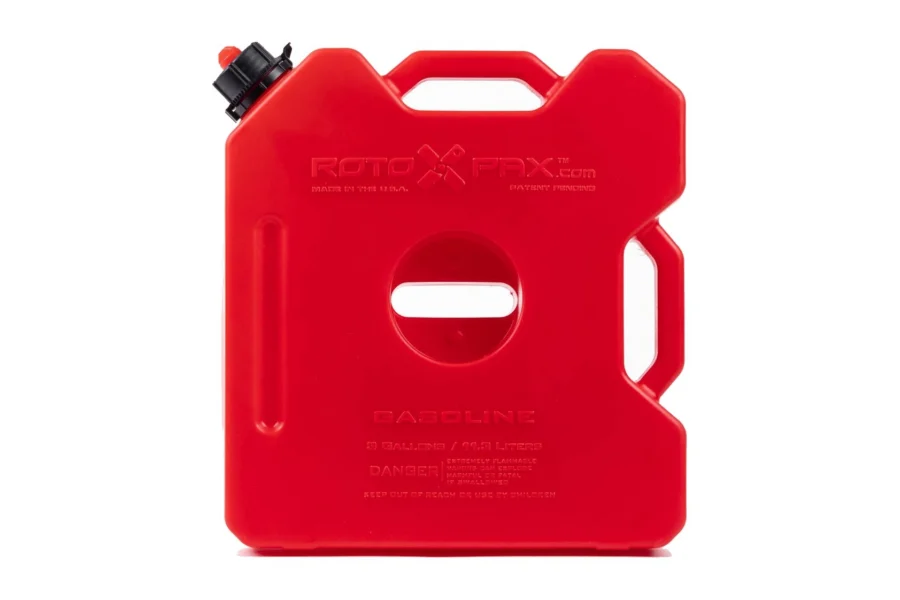 Red 3 gallon gasoline pack standing upright with black cap and molded gallon markings