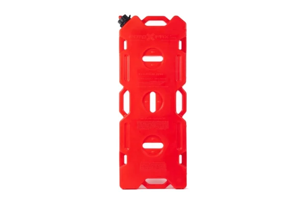 Red 4 gallon gasoline pack, front view with black cap and molded capacity text