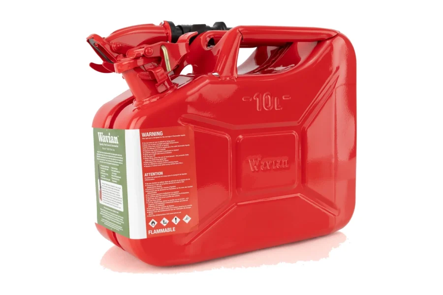Red Wavian 10 liter steel jerry can with black spout and warning label, three-quarter front view, on white