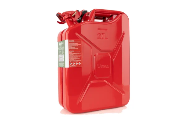 Red Wavian 20L NATO steel jerry can, front three-quarter view, isolated on white