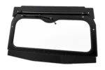 Black-framed Tusk folding glass windshield with wiper, isolated three-quarter view