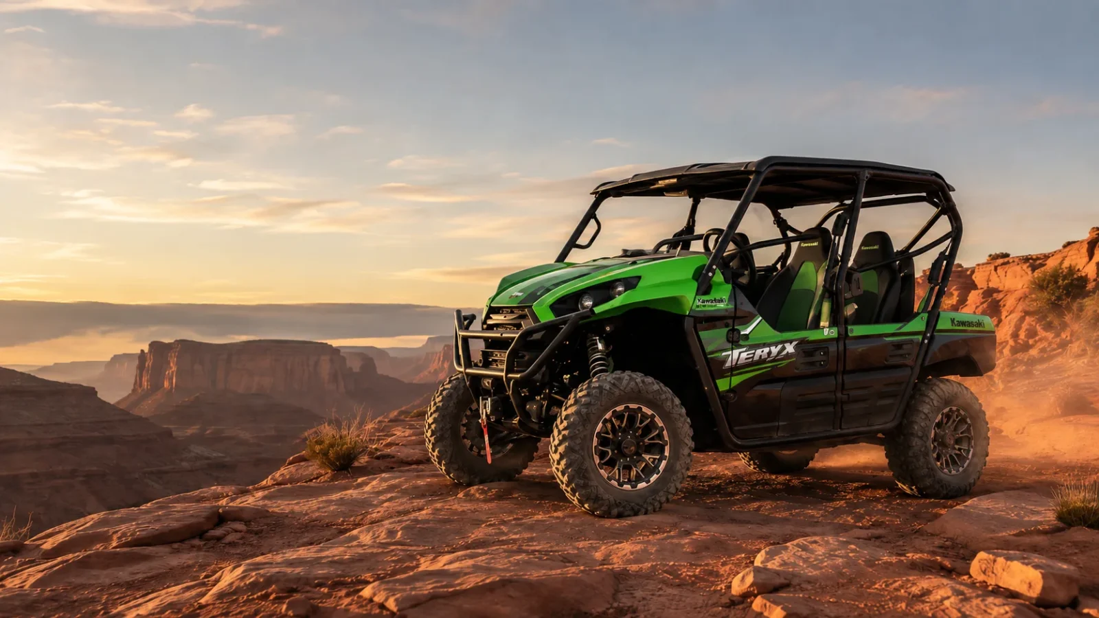 Kawasaki Teryx4 in Candy Lime Green on a red-rock canyon rim at golden hour