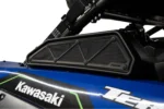 Close-up of a Tusk intake cover mounted on a blue Kawasaki Teryx KRX, mesh backing visible