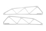 Pair of Tusk raw aluminum intake covers isolated, unfinished laser-cut triangular frames