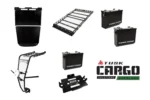 Components of the Tusk Overland Cargo Kit laid out, roof rack, cargo boxes, mounting plates and a rear rack