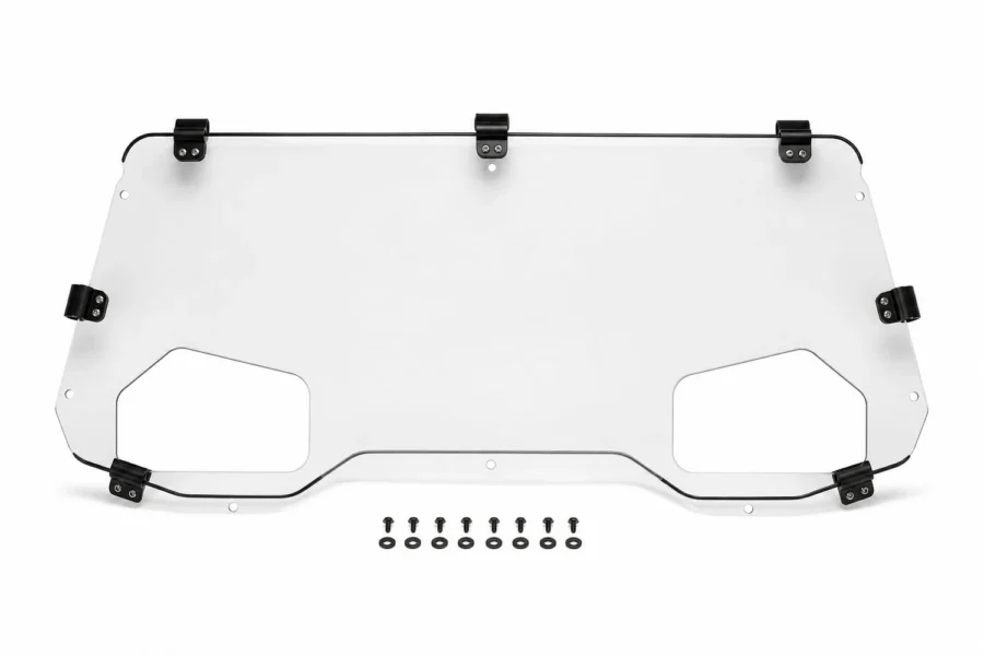 Tusk clear rear window with two speaker cutouts, cage clamps and mounting hardware, isolated on white