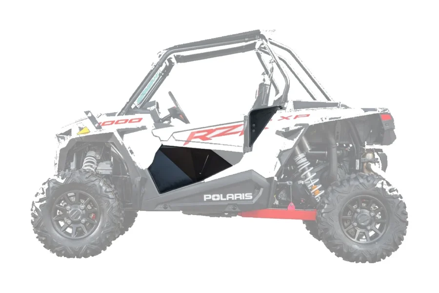 Black Tusk aluminum lower door insert installed on a white Polaris RZR XP 1000, side view