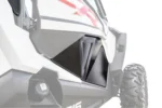 Close detail of a black aluminum lower door insert on a white Polaris RZR