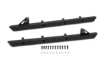 Pair of black Tusk steel rock sliders with mounting bolts, washers, and nuts on white