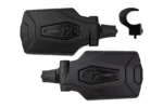 Pair of black Tusk pivot folding mirrors with roll-cage clamp mount, isolated on white