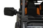 Black Tusk pivot folding side mirror clamped to a UTV A-pillar, rear of the housing showing