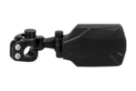 Tusk pivot folding UTV mirror with roll cage clamp, black, side profile showing cast housing and ball joint arm