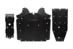 Three black UHMW skid plate panels laid flat, the full Tusk Quiet-Glide kit with molded Tusk logo