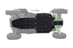 Underside view of a UTV with the black Tusk skid plate installed front to back over the frame
