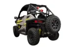 Tusk spare tire carrier holding a spare on the rear of a silver Polaris RZR, three-quarter view