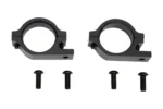 Two black tube mounting clamps and four bolts for the Tusk seat cargo rack, isolated