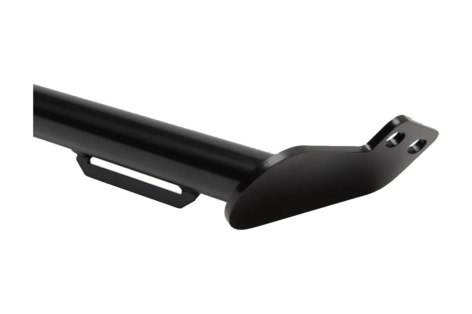 Close detail of the Tusk black harness bar end with mounting bracket tab, isolated