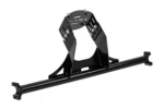 Tusk spare tire carrier in black steel, front three-quarter view of the frame and mounting bar, isolated