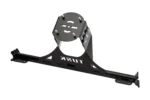 Black Tusk spare tire carrier viewed from the rear, isolated, showing the tire mount plate and bar