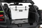 Angled studio view of the flat black slotted Tusk bed cargo rack panel